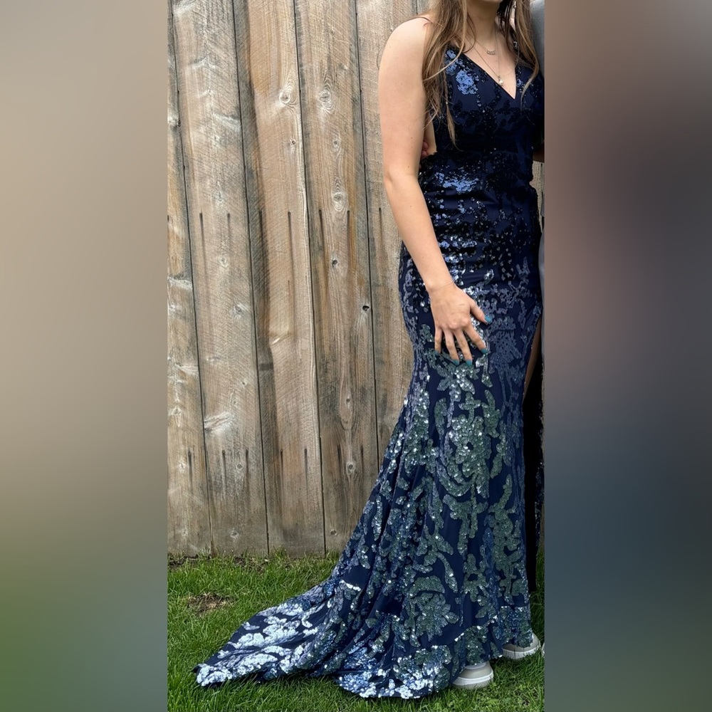 Jovani Blue Sequin Prom Gown with One Shoulder and Slit - Picture 5 of 8